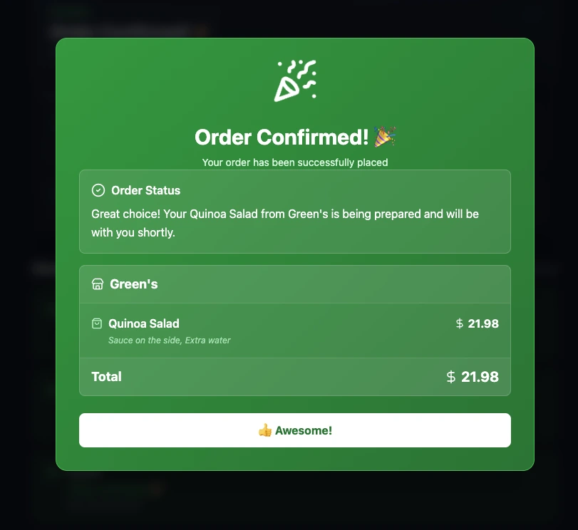 Final Order Execution: The Executor agent placing the order and confirming delivery details.