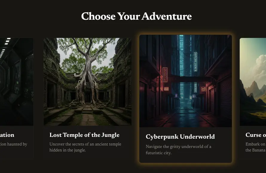 The immersive game screen with generated scene and choices.